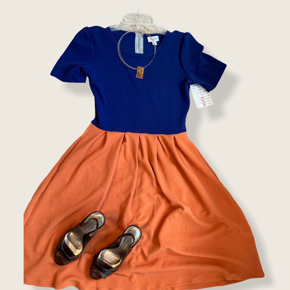 Lularoe Blue Orange Color Block Amelia Dress
